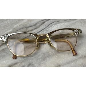 Vintage Art-Craft Cat Eye Glasses Gold Aluminum Browline 1950s MCM Etched USA